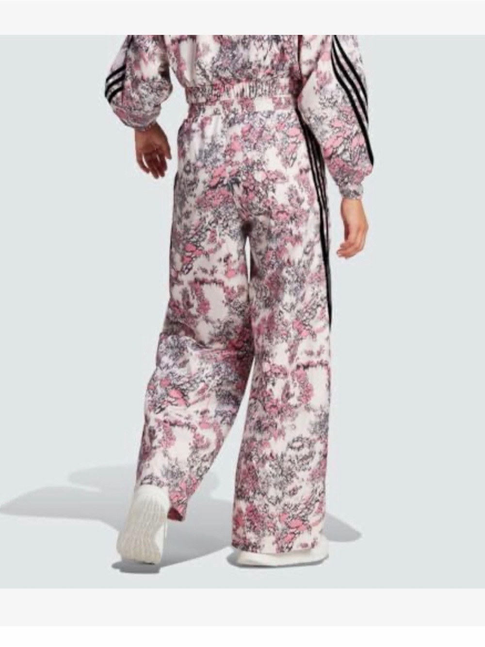 adidas Pink Floral Wide Leg Track Pants with Black 3-Stripes - Picture 2 of 7